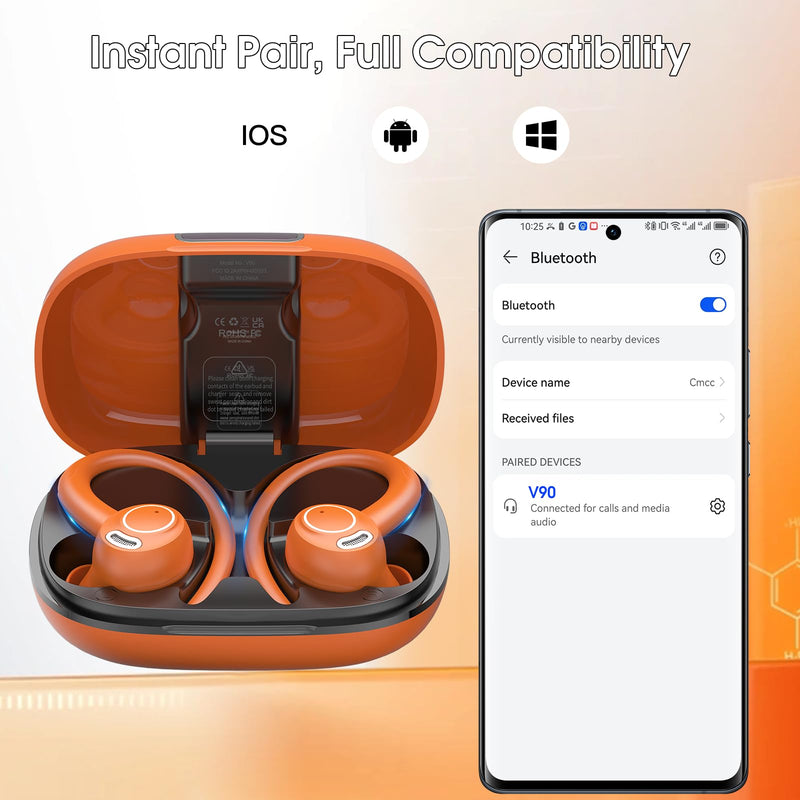 Wireless Earbuds with Earhook, 48H Deep Bass/ENC Mic Ear Bud Pumpkin Orange | Wireless Earphone with LED Display, Bluetooth 5.3 Headphones In Ear, IPX7 Waterproof Over Ear Buds for Running/Workout