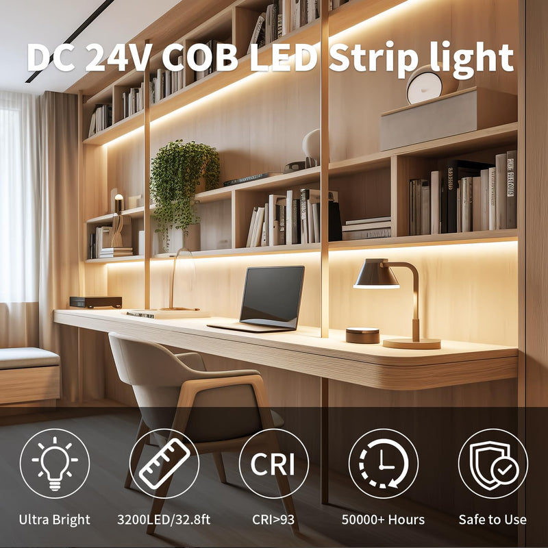 24V COB Led Strip Lights WarmWhite 3000K, 32.8FT/10M CRI 93+ Cob Led Tape Lights 3200Leds Flexible Dimmable Lights Strip for Bedroom, Mirror, Cabinet, Kitchen Room Decor(Only Strip) Warm White(not included power adapter)