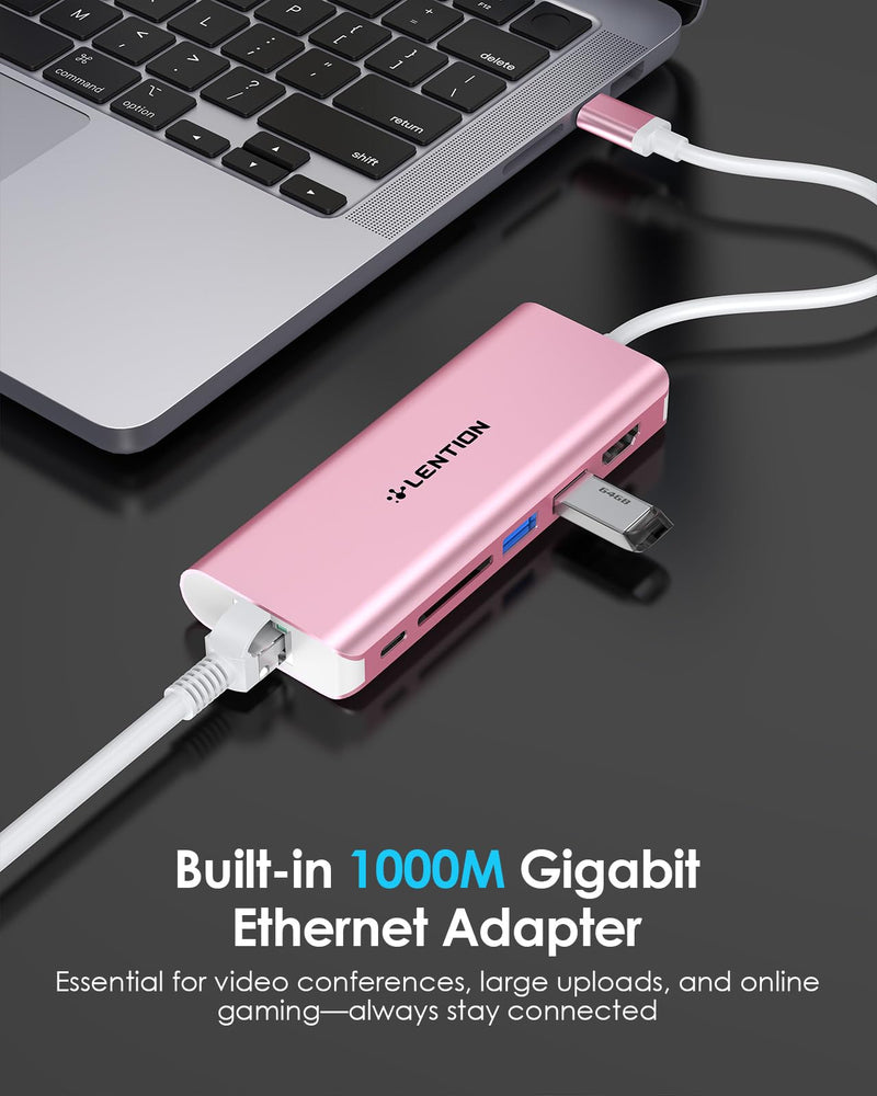 LENTION 6-in-1 USB-C Hub, 2 USB3.0, 4K@30Hz, Ethernet, Card Reader, 100W PD | Ideal for Work & Study, Stable Driver 3.0 Certified, Compatible with macOS, iOS/iPadOS, Windows & ChromeOS (C68, Rose Gold)
