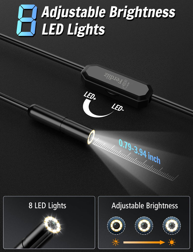 Endoscope Camera with Light, 1920P HD Borescope with 8 Adjustable LED Lights, Borescope with 16.4ft Semi-Rigid Snake Camera with Light, 7.9mm IP67 Waterproof Inspection Endoscope for iOS and Android AN112-16.4ft