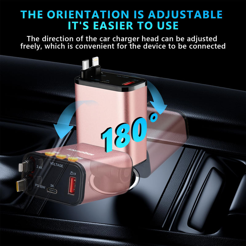 Retractable Car Charger,5 in 1 Fast Cars Phone Charger 60w,Bluetooth 5.3 FM Transmitter Adapter,Handsfree Call,MP3 Player,2 Retractable Cables and USB Chargers, for Phone,Galaxy,Pixel (Pink) Pink