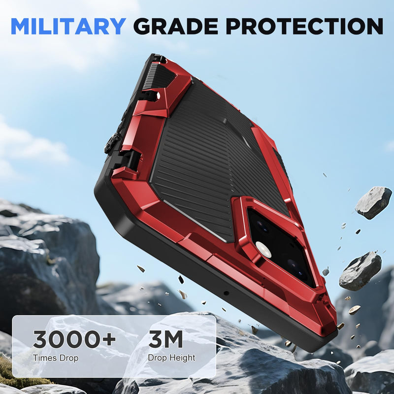 Beasyjoy for iPhone 14 Waterproof Case, Metal Heavy Duty Case with Built-in Tempered Glass Screen Protector, Military Grade Shockproof Full Body Protection, Rugged Phone Case for iPhone 14, Red Red-Mag