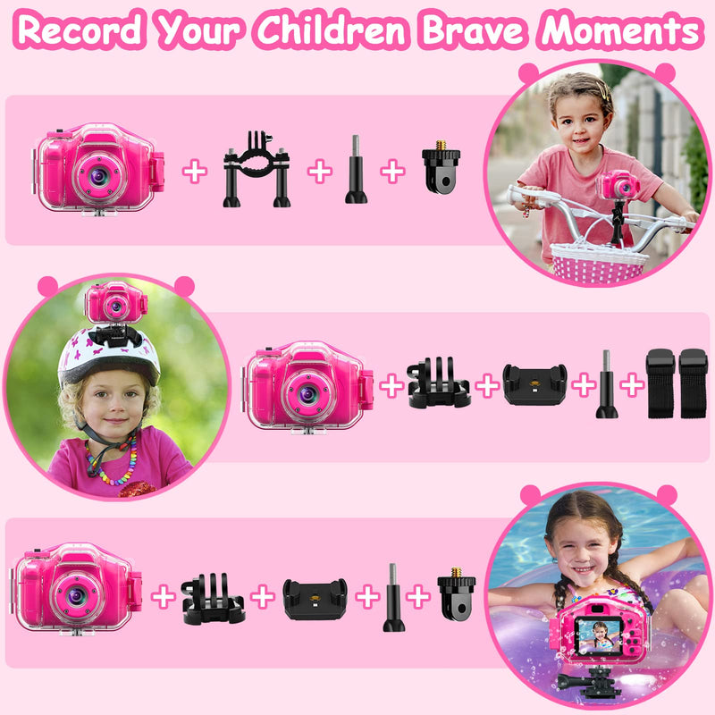 Agoigo Kids Waterproof Camera Toys for 3-12 Year Old Girls Christmas Birthday Gifts, Kids Underwater Sports Camera HD Children Digital Action Camera 2 Inch Screen with 32GB Card (Rose Red) Rose Red