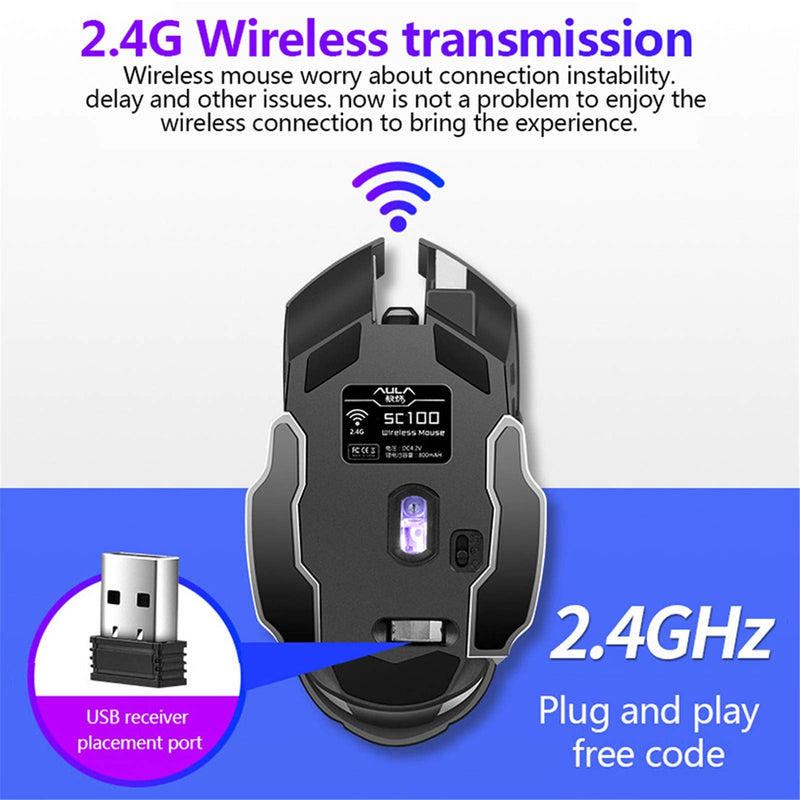 AULA SC100 LED Gaming Mouse Wireless, with Side Buttons, USB Receiver, 2.4G Cordless Programmable Rechargeable Office/Games Computer Mice, Black