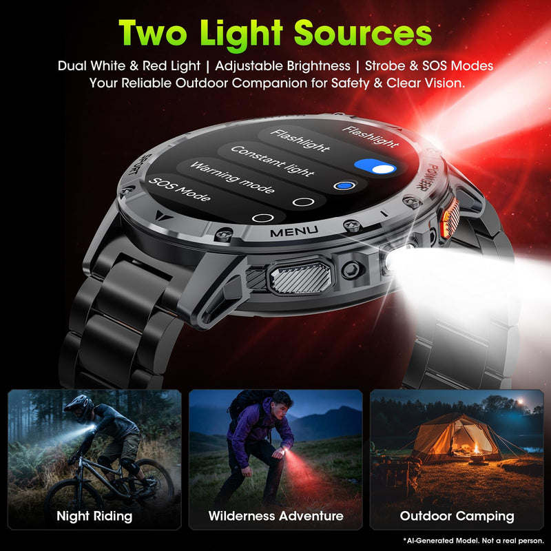 Military Smart Watches for Men, 1.7" HD Smart Watch with Two Flashlights/1400mAh/110+ Sports Modes Fitness Tracker Watch, Waterproof Mens Smart Watch for Android Phones iPhone Compatible(2 Strap) Darkness