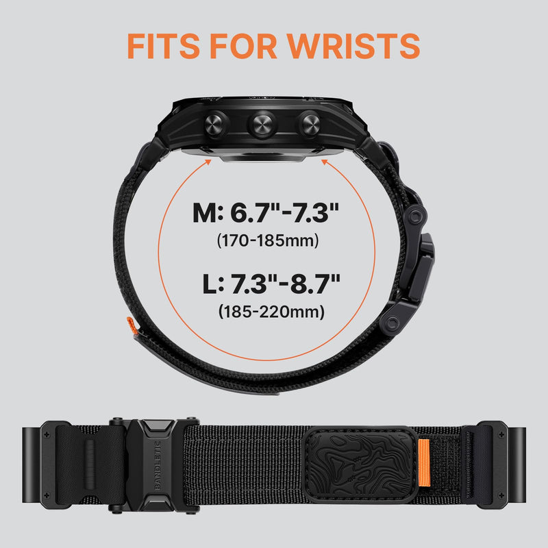 Bandletic Magnetic Nylon Band Compatible with Garmin Watch Quick Fit 26mm | Twin Magnets Snap Band On/Off in Two Seconds, Reinforced CSPE Rib for Intense Workout & Outdoors, Fits Fenix 8 51mm/7X/6X/5X Black L(7.3"-8.7")