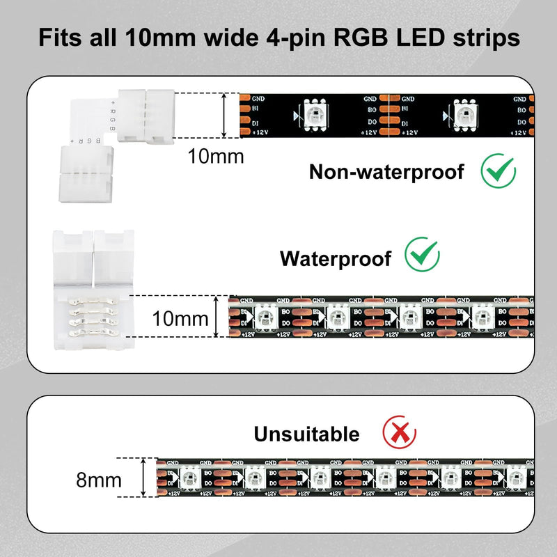 Pack of 20 4-Pin 10 mm LED Connector for SMD 5050 RGB LED Strips, 10 Pieces L-shaped Corner Connector and 10 Pieces LED Strips, Quick Connector, 4-Pin 10 mm RGB Strip Connector Solderless
