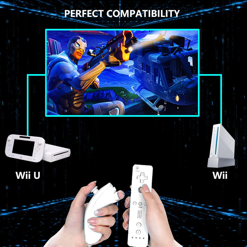 Wii Remote and Nunchuck Controller, Wireless Controllers Compatible with Wii/Wii U with Silicone Case and Wrist Strap (White) White and White