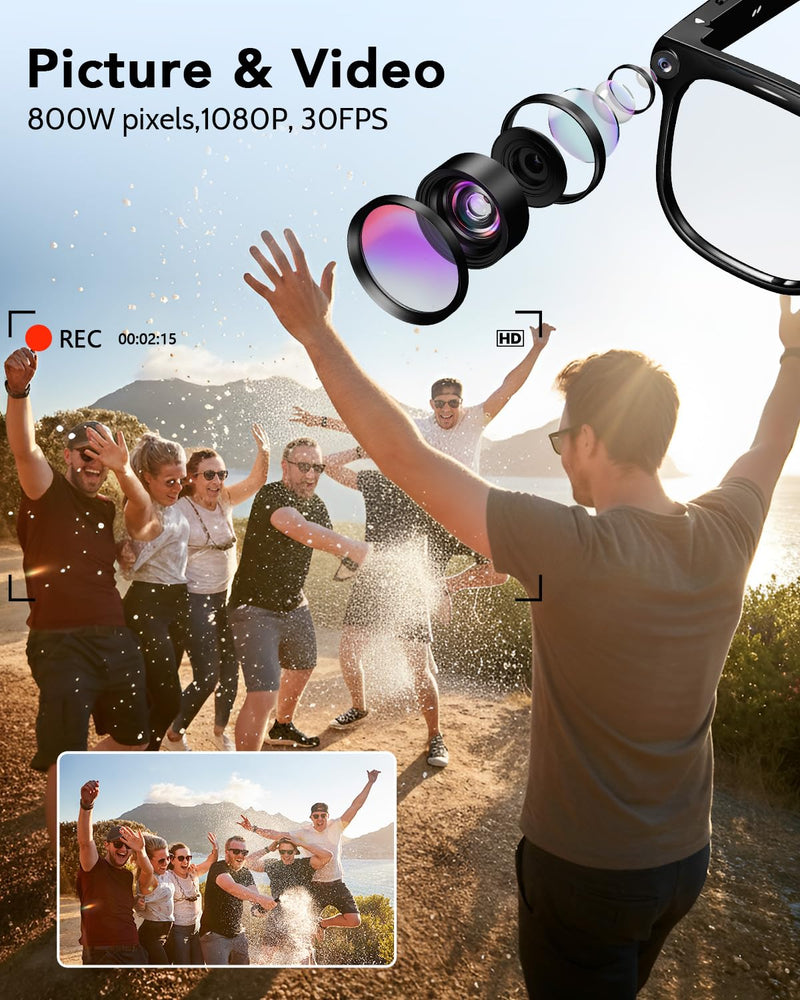 CJkao Smart Glasses with Camera, Bluetooth Music & Call, 800W HD Camera Glasses, 1080P Video Recording, Built-in ChatGPT Voice Assistant Control for Men Women(White)