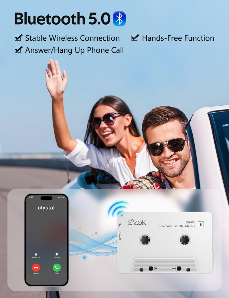 Elook Car Audio Receiver, Bluetooth Cassette Receiver Tape Aux Adapter Player with Bluetooth 5.0, White