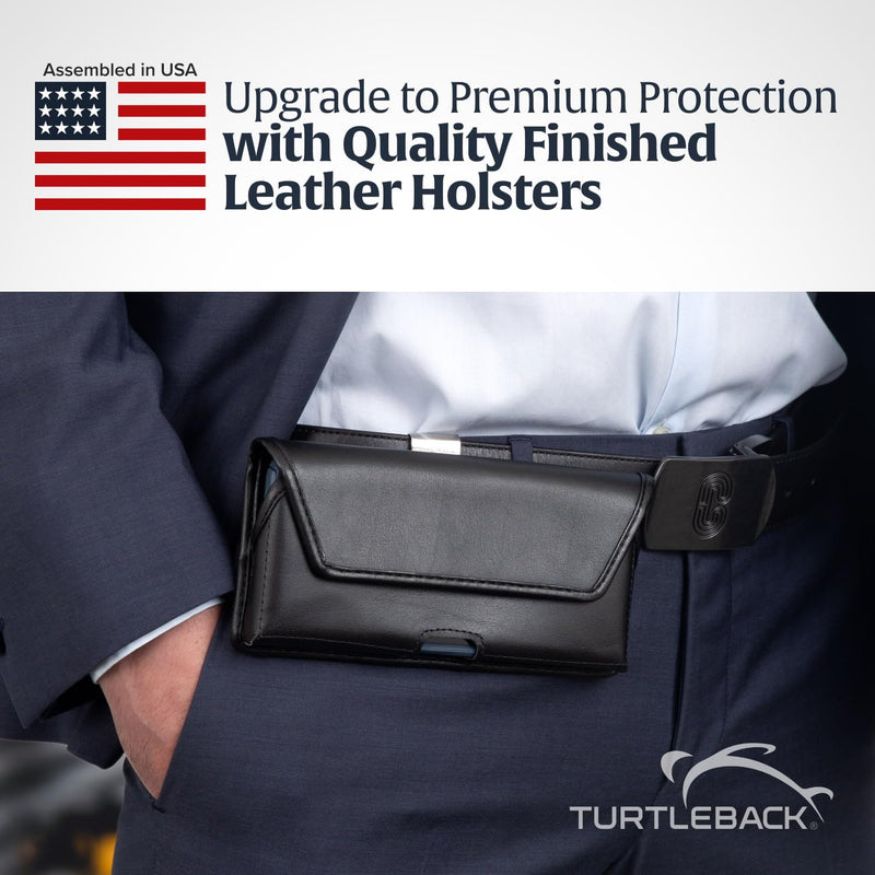 Turtleback Phone Belt Case Designed to fit 2 iPhone 14 Pro Max 13 Pro Max or S25 S24 S23 Note 20 Ultra, Black Leather Holster Pouch with Heavy Duty Rotating Belt Clip, Black Leather / Metal Clip Horiz Extra Large