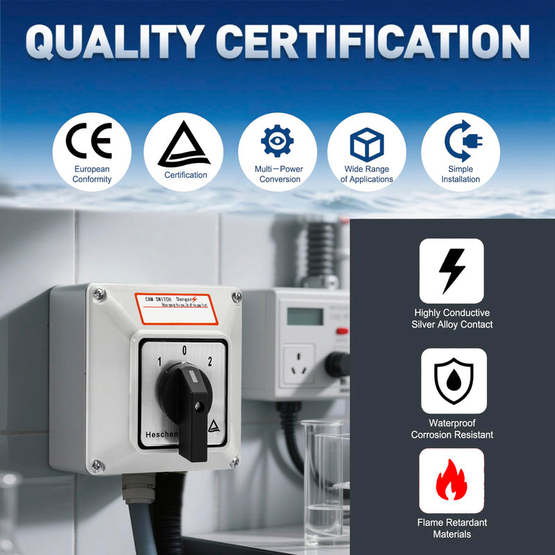 [AUSTRALIA] - Heschen Universal Rotary Cam Selector Changeover Switch, SZW26-63/D202.2D, 660V 63A, ON-Off-ON, 3 Position 2 Phase 8 Terminals, with Master Switch Exterior Box, Gray 
