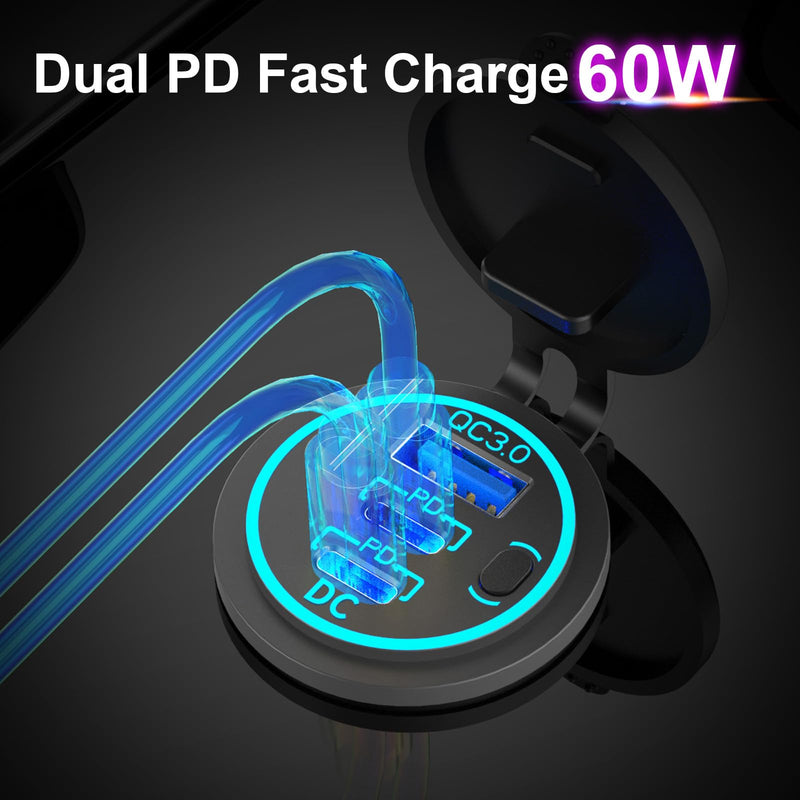 2 Pack USB C Car Charger Socket 12V USB Outlet, 78W Dual 30W PD and 18W QC3.0 Multi Port Cylinder Charger with Button Switch Waterproof for Car Boat RV Marine Golf Cart Truck Bus Motor etc. 2 pack