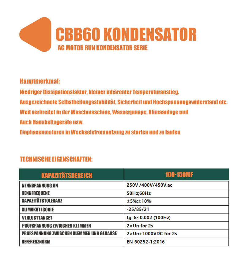 CBB60 20uF Motor Run Capacitor MFD 450VAC 50/60hz Cylindrical 40 mm x 70 mm (DE-20uF)
