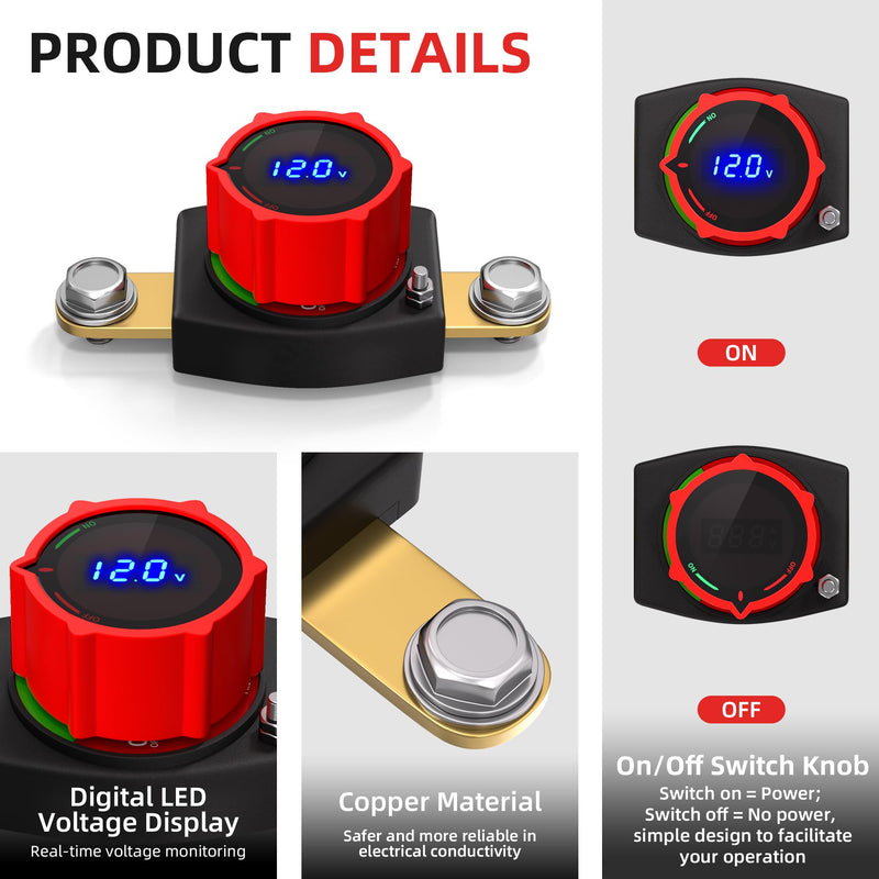 [AUSTRALIA] - Joinfworld Side Post Battery Disconnect Switch 12V-48V with Led Voltmeter Display, DC 5-60V Battery Kill Switch Waterproof Marine Battery Cut Off Switch 12 Volt for Car RV Boat ATV UTV Vehicles On-Off Side Post with Voltmeter 300A 