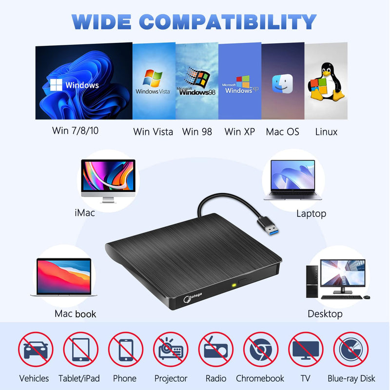 Gotega External DVD Drive, USB 3.0 Portable +/-RW, DVD Player for CD ROM Burner Compatible with Laptop Desktop PC Windows Linux OS Apple Mac Black Small