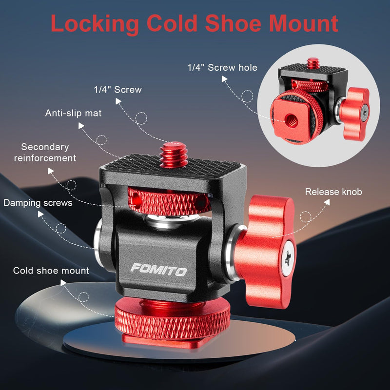 FOMITO Metal Camera Monitor Mount with 1/4" Serew and Cold Shoe, Rotary Adapter 360° Swivel Universal for Flash Speedlite, Field Monitor, LED Video Light, Microphone,etc - Red Color Single mount