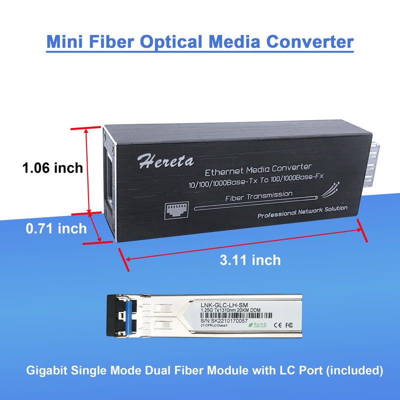 Gigabit Fiber Media Converter, Single Mode LC Fiber to Ethernet Converter for 10/100/1000Base-Tx to 100/1000Base-Fx with a SFP MMF 1310nm Module, SFP to RJ45, up to 20km