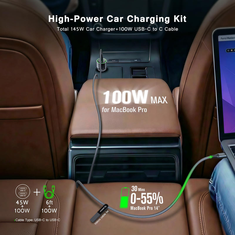 Esoulk145W USB C Car Charger Dual Port Cigarette Lighter Phone Charger | 145W fast dual USB-C car charger, includes 6ft 100W braided USB-C cable, charges 2 phones, tablets, or laptops.