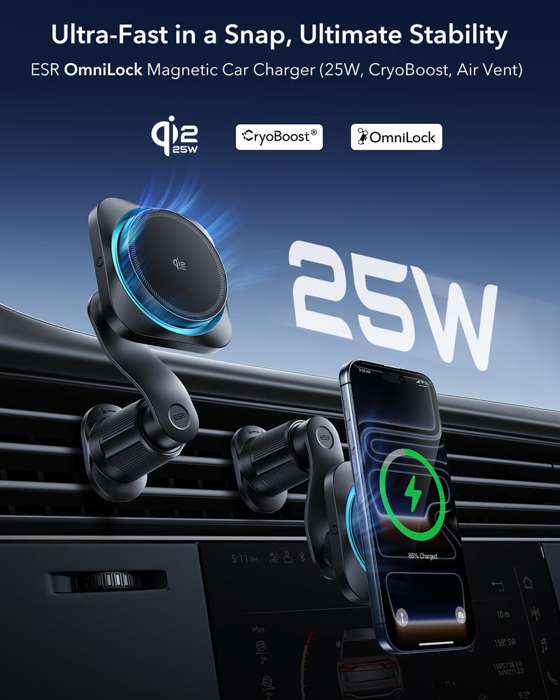 ESR OmniLock Qi2.2 25W Certified MagSafe Car Mount Charger with Cryoboost | Phone Cooling MagSafe Car Charger, 360° Rotatable, Air Vent Magnetic Car Phone Holder for iPhone 17/16 with iOS 26, S26 Ultra