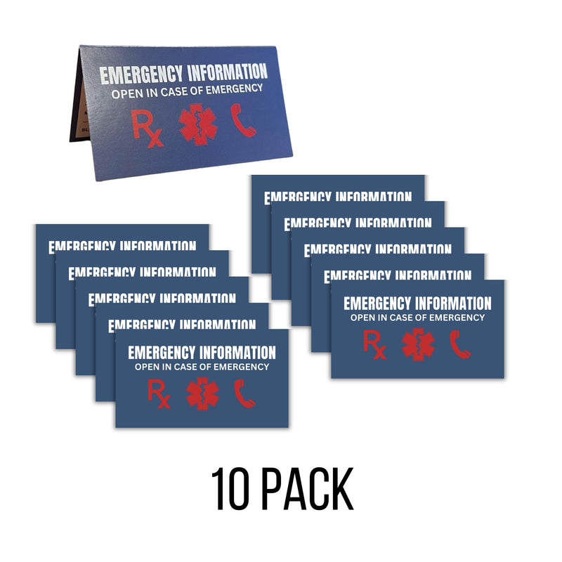 Emergency Info ICE Folded Wallet Card | 10 pk 2x3.5” Blue Medications, Blood Type Identification Card Contacts, Doctor, Allergies in Case of Emergency Bulk Medical ID