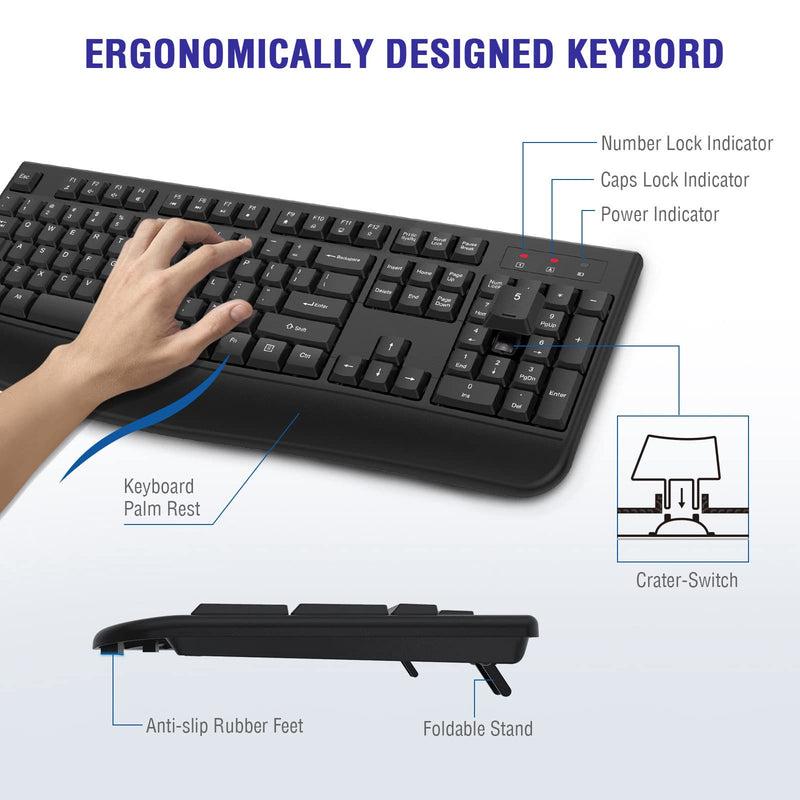 [AUSTRALIA] - Wireless Keyboard, 2.4G Full-Sized Ergonomic Wireless Computer Keyboard with Wrist Rest for Windows, Mac OS Laptop/PC/Desktop/Notebook(Black) Black 