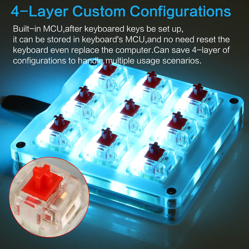 Koolertron One Handed Macro Mechanical Keyboard,Blue LED Backlit Portable Mini One-Handed Mechanical Gaming Keypad OSU! Keyboard 9 Fully Programmable Keys White/Red Switches/Blue LED