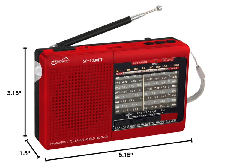 Supersonic SC-1080BT 9-Band Radio with Bluetooth, Portable Small Multi Band Radio Stereo, USB and Micro SD Input, Torch Light, and Rechargeable Battery red