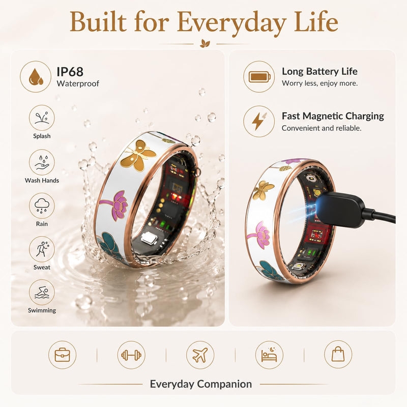 Smart Ring for Women, Fitness Tracker with Heart Rate and Sleep Monitoring | Floral enamel jewelry design with elegant gold-tone accents, step and calorie tracking, lightweight everyday wear Lotus #8(0.68 in)