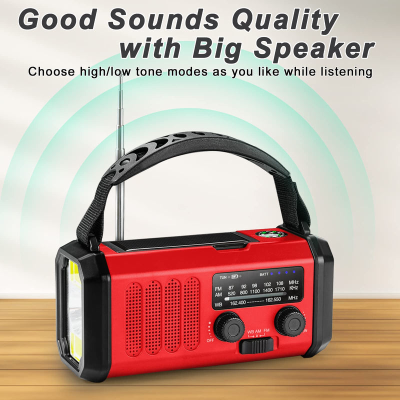 Emergency Radio,10000mAh Solar Radio, Hand Crank Radio, NOAA/AM/FM Weather Radio, USB Type-C Charging,Dynamo Radio,Polymer Battery,Torch & LED Reading Light, SOS Alarm,Compass for Camping Red