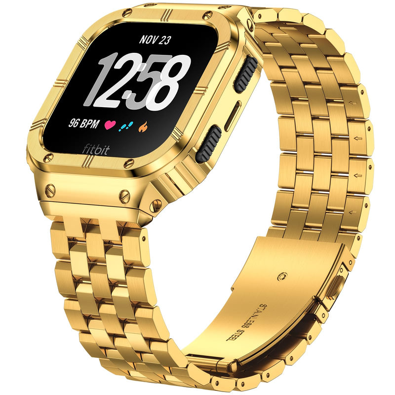 SUPLINK Stainless Steel Case & Band Compatible with Fitbit Versa 4/3/2/Lite/Sense 2/Sense Watch Bands, Men, Protector Cover Strap, Black&Gold