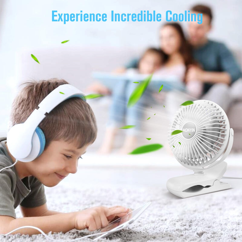 HONYIN USB Clip on Fan, 720° Rotation Small Desk & Clip Fan, Personal Cooling Fan with Sturdy Clamp, 3 Speeds, Quiet Little Fan by USB Plug In, for Bedroom Office Desktop Treadmill White