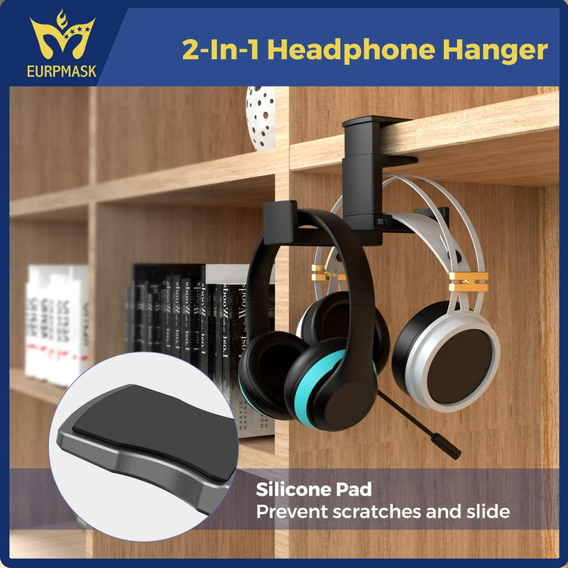 PC Gaming Headphone Stand, Dual Headset Hanger Hook Holder with Adjustable & Rotating Arm Clamp , Under Desk Design , Universal Fit , Built in Cable Clip Organizer EURPMASK Black