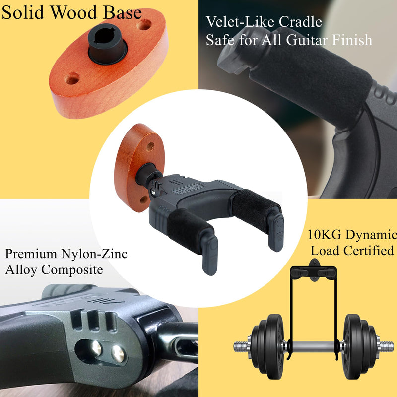 Guitar Wall Mount with Auto-Lock & Auto-Rotate Mechanism | 10KG+ Heavy Duty | Universal Mount for All Headstock/Neck Widths, Classical, Acoustic, Electric Guitars, Bass, etc(Wood Red) Wood Red