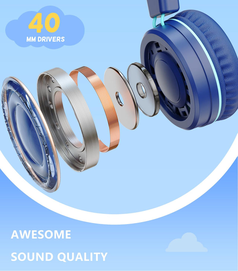 [AUSTRALIA] - Upgrade USB Type C Kids Headphone for School, 94dB Safe Volume Limited, HD Stereo Sound, Foldable Lightweight On-Ear Headphones for Boys/Girls/Students/Tablet/Travel (Dark Blue) Dark Blue 
