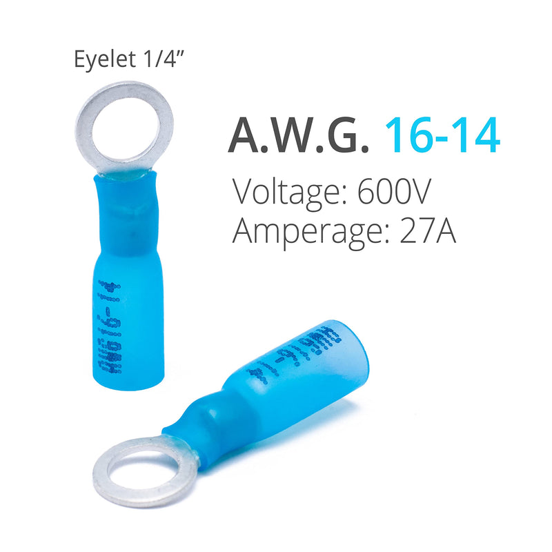 Wirefy 130 PCS Heat Shrink Ring Terminals 1/4" - a Resistant Ring Connectors - Eyelet Wire Connectors - Blue 16-14 AWG Ring 1/4" Blue 16-14 Gauge