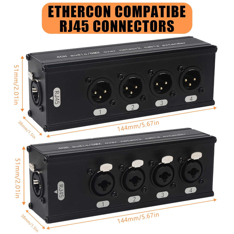 4-Channel DMX XLR to Ethernet Extender, 3-Pin XLR Male/Female & Ethercon Adapter, Cat5/Cat6/Cat7 Network Cable Converter (1 Pair: Male + Female) | Long-Distance Audio Signal Transmission XLR-XLR/6.35mm