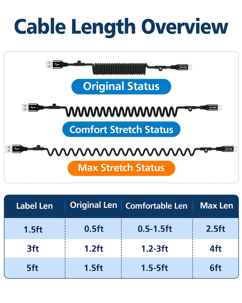 AGVEE 1.5ft Coiled USB-A to USB-C Cable [USB-IF Certified] Carplay | 3A Fast Charger Data Transfer Cord in Car for iPhone 17/16/15, Android Auto, Galaxy S26 S25 S24 S23 S22 S21 S10 S9, Pixel Black A to C