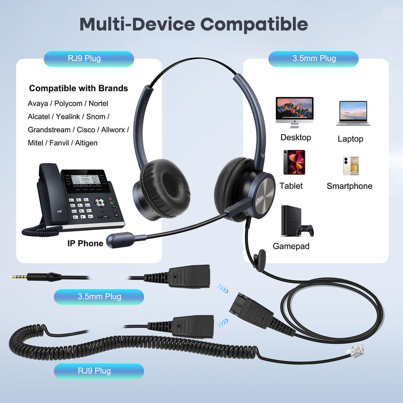 MAIRDI Telephone Headset with Microphone Noise Canceling, Binaural with RJ9 Jack & 3.5mm Connector for Office Call Center Deskphone Cell Phone PC Laptop, Work for Cisco 7941 7965 6941 7861 8811 8961 Black