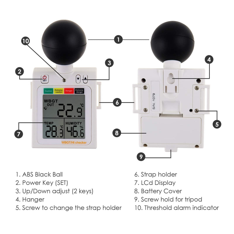 Portable 2 in 1 WBGT + HI Heat Index Checker Wet Ball Globe Temperature Heat Stress Meter Air Temperature Humidity Tester with Acoustic Alarm to Display Dangerous Levels Portable WBGT + HI-Checker