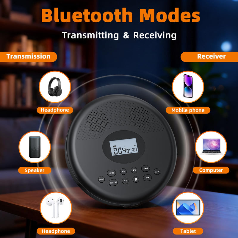 [AUSTRALIA] - Arafuna Portable CD Player with Bluetooth, Rechargeable CD Player for Car/Home with Headphones, Anti-Skip, LCD Display, AUX/TF Card Port (Black) Black 