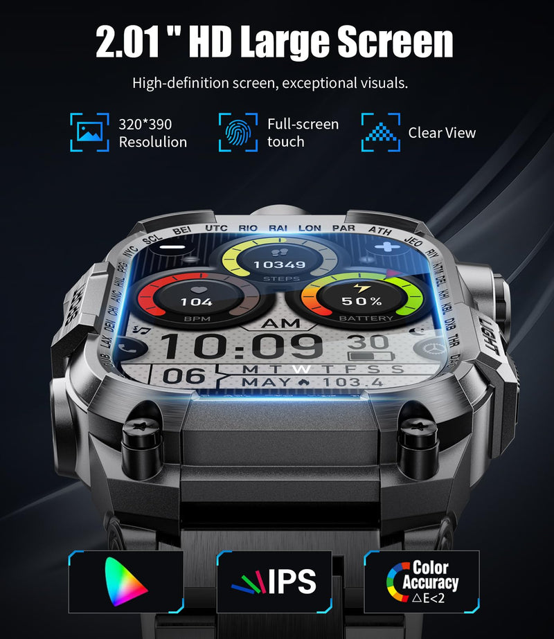 Men's Military Smart Watch (Answer/Make Calls) 2 Inch HD Screen Outdoor Sport Smartwatch with LED Flashlight 700mAh Battery,Heart Rate/Sleep Monitor Fitness,Green (Gray) Gray