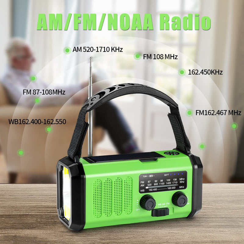 10000mAh Emergency Radio, Crank Radio, Solar Radio, NOAA/AM/FM Weather Radio, Type-C Charging Portable Radio, 3 Mode Flashlight, 5W 700LM Reading Lamp, SOS, Compass for Camping grass green