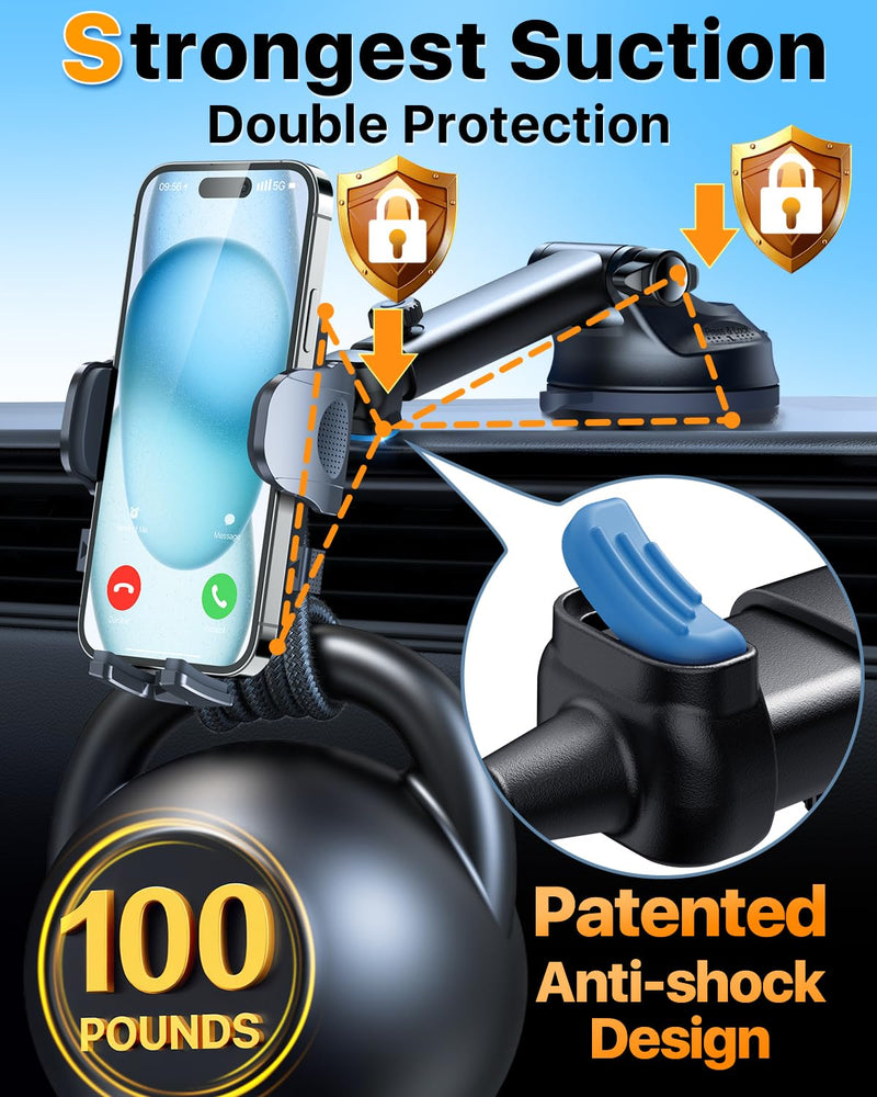 2026 Ultimate Best【True Military-Grade & Safety Cert】New Car Phone Holder | Upgraded 360°Rotation & 100LBS Strongest Suction,5-in-1,Truck Windshield Window Dashboard Vent Mount for iPhone Android,Black Black