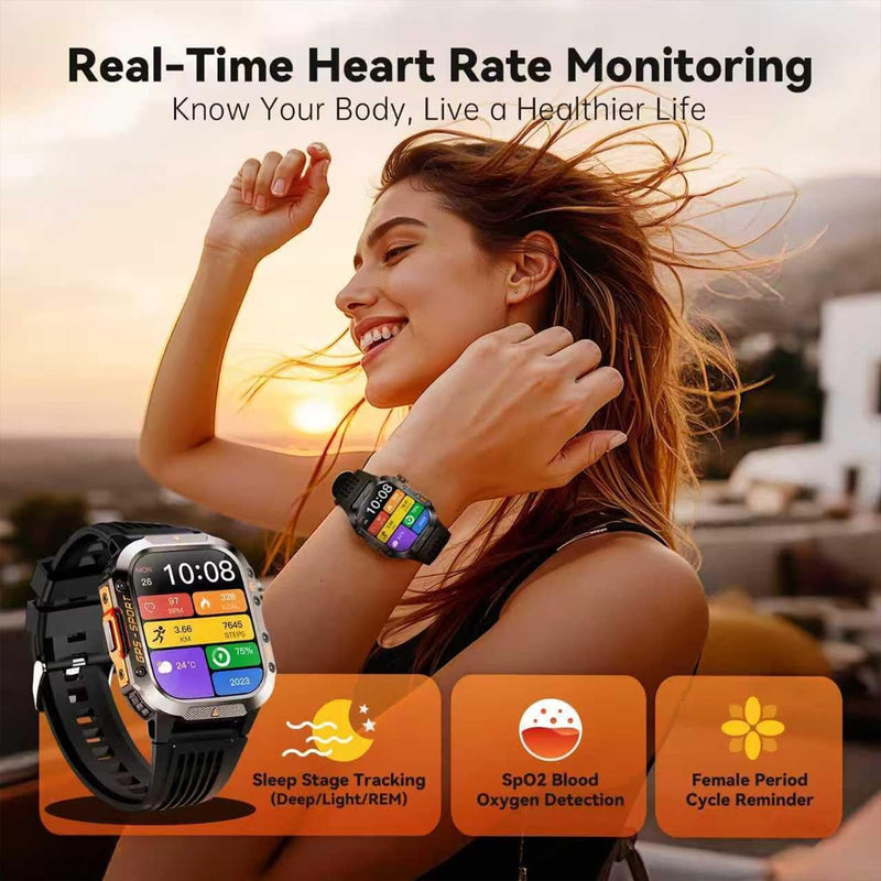Military Fitness Tracker Smart Watch for Men, Square Black, 1.7" HD | Multiple Sports Modes, 600mAh Battery, IP68 Waterproof, SpO2 Monitor, Flashlight