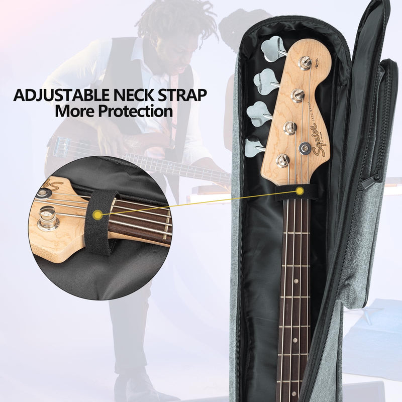 MUZNOTE Bass Guitar Bag Gig Bag Backpack Electric Bass Guitar Case Soft 0.38 inch Padding Lightweight with Pockets Waterproof (Grey) Bass Guitar Bag-6mm