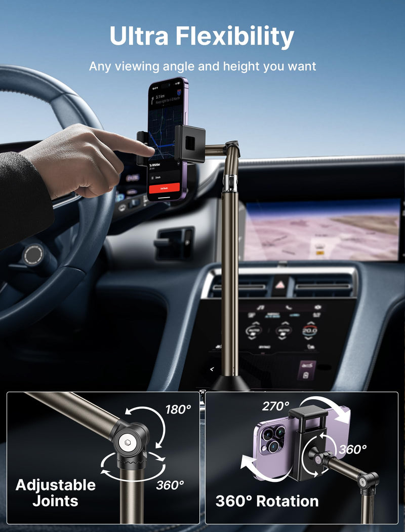 JSAUX Car Cup Holder Phone Mount, Metal Long Arm, Adjustable Base | Sturdy Metal Arm, Adjustable Height and Angle, Secure Phone Grip, Fits 2.17-4.33 in Car Cup Holders ClipMount