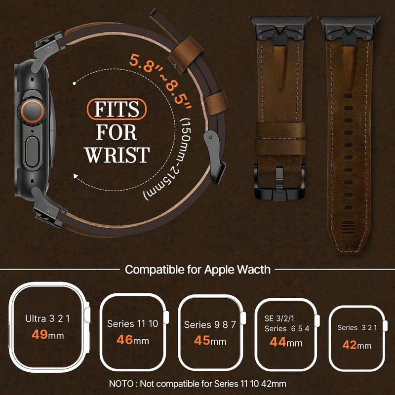 DABAOZA Leather Band Compatible for Apple Watch Ultra 3 Band 49mm 46mm 45mm 44mm for Men Women, Premium Leather Rugged Matel Replacement Strap for iWatch Ultra 2 SE Series 11 10 9 8 7 6 5 4