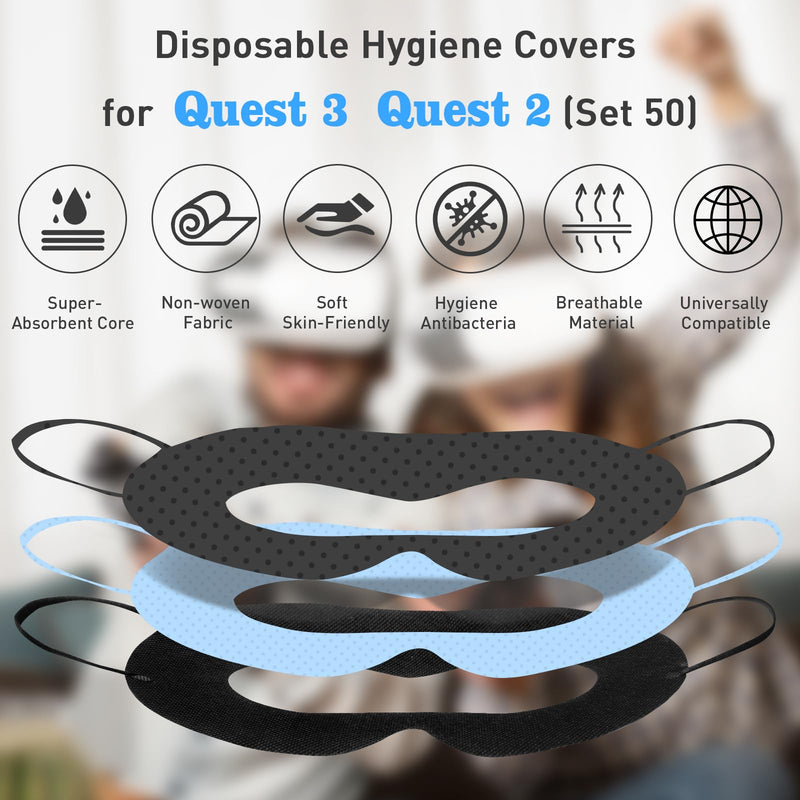 VR Face Cover Disposable Hygiene VR Face Eyes Mask Pads Facial Interface for Meta Quest 3 Quest 2, Accessories for Apple Vision Pro (Set 50, Black) VR Face Pad Cover Black