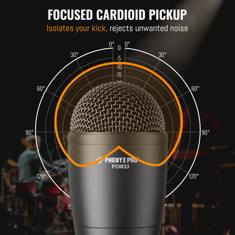 Phenyx Pro PDM33 Kick Drum Microphone, Cardioid Dynamic Mic with Locking Stand Adapter, Integral XLR Connector, and Metal Mesh Grille